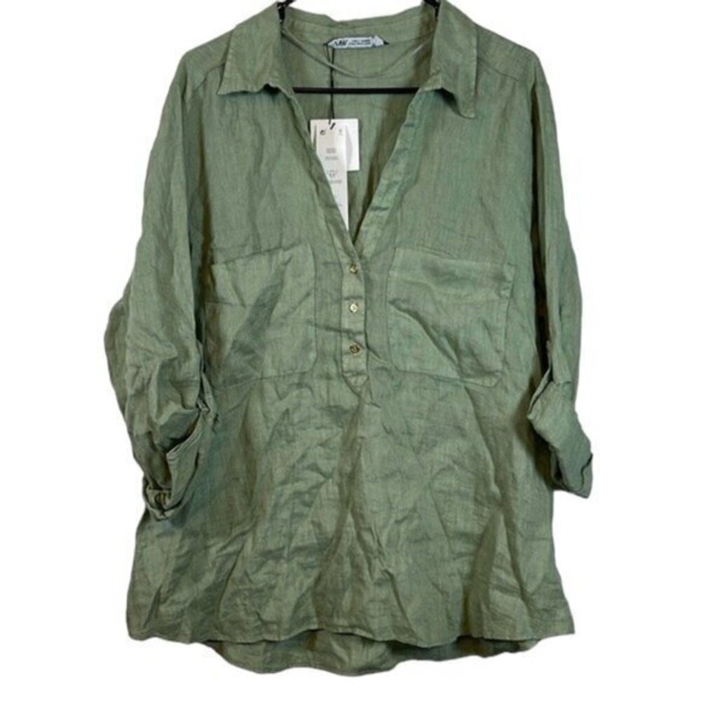 Women's Zara 100% Linen Shirt Basic Light Khaki Green Loose Size XXL NWT #6836
